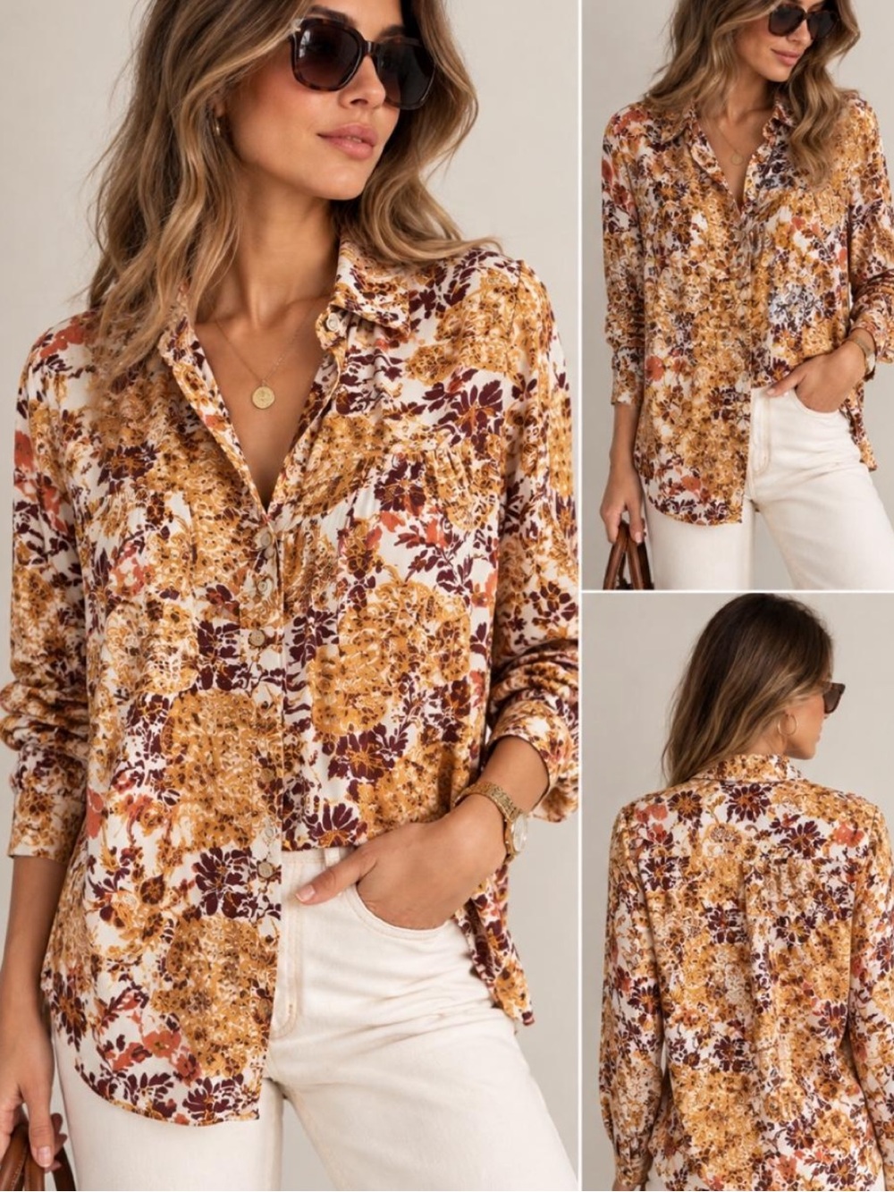 Anthropologie The Romy Pilcro Mustard Burgundy Floral Button-Down Shirt top M